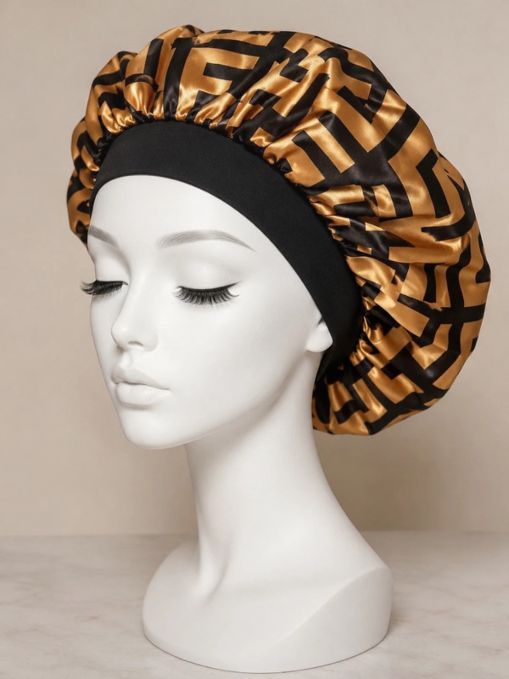 Satin Bonnet Sleep Cap with Black Band - Gold & Black iconic logo